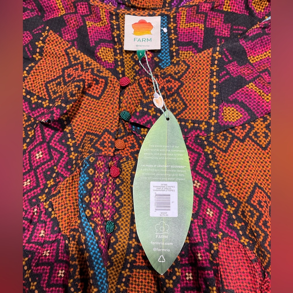 Farm Rio Yawanawá Stripes Maxi Dress NWT Beaded Buttons L/XL Boho - Picture 5 of 5